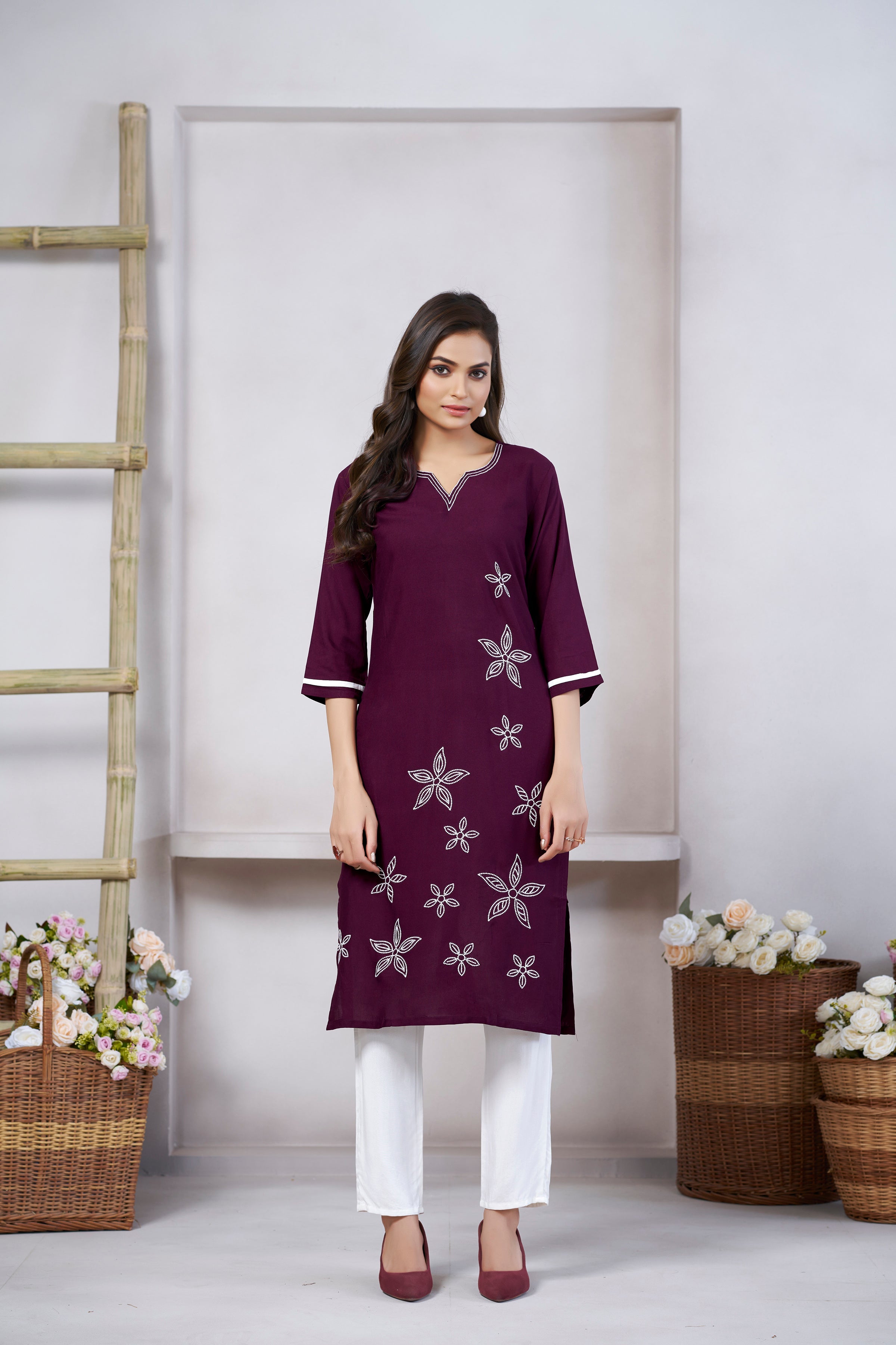 Wine Viscose Rayon Kurti with Thread Work and 3/4 Sleeves with Stylish Neckline